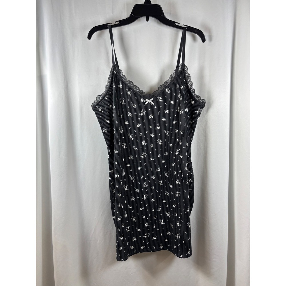 H&M Divided Black Ditsy Floral Ribbed Lace Cami Nightgown XL Sleeveless NWOT